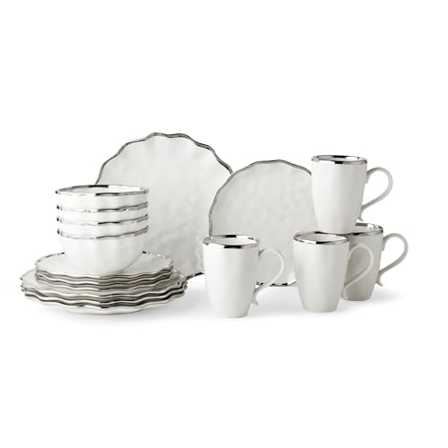 Regency Silver 16-Piece Porcelain Dinnerware Set – Elegant Silver-Trimmed Plates, Bowls & Mugs – Service for 4 – Durable, Dishwasher-Safe Tableware for Everyday Dining & Special Occasions
