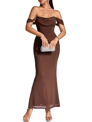 KUTUMAI Off The Shoulder Maxi Long Dress Corset Ruched Bodycon Formal Wedding Guest Dresses for Women Brown M