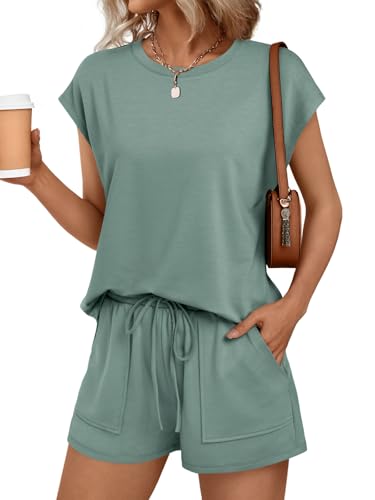 AUTOMET Womens Lounge Two 2 piece Sets Summer Outfits 2025 Loungewear Matching Beach Vacation Clothes Sweatsuits Sweat Pajamas Pjs Romper Top Shorts Fashion Trendy Travel Teen Clothing Sage Green M