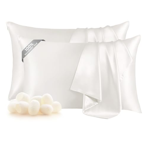 THXSILK Set of 2 100% Pure Mulberry Silk Pillowcase for Hair and Skin, Highest 6A+ Grade Mulberry Silk Pillow Case Standard Size, Real Silk Pillowcase with Zipper (White, Standard)