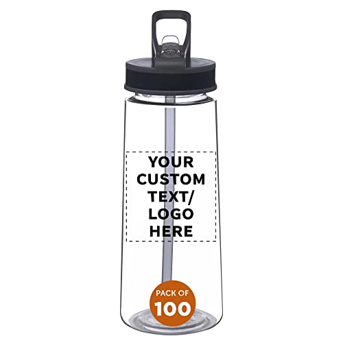DISCOUNT PROMOS Custom Plastic Sports Bottles with Spill-Proof Lids and Straw – 22 oz. – Set of 100 – Personalized Bulk Pack - Reusable, Perfect for Gym, Outdoor Sports, Home, Office - Clear