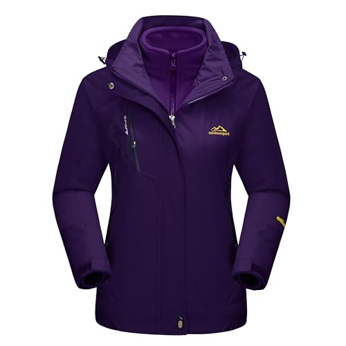 MAGCOMSEN 3 In 1 Jacket for Women Ski Jacket Waterproof Insulated Winter Coats with Hood Fleece Lined Ladies Jacket Dark Purple XS