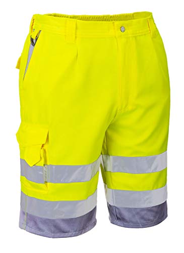 Portwest Hi-Vis P/C Shorts Cargo Visibility Reflective Summer Cool Work Wear Pants ANSI E, YellowGray, Large