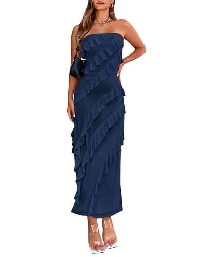 BTFBM Women's Summer Long Formal Wedding Guest Dress Cocktail Dress Strapless Tube Ruffle Maxi Bodycon Dresses(Solid Navy,Large)