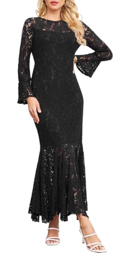 Women's Fall Winter Long Sleeve Black Floral Lace Mermaid Maxi Dress Elegant Wedding Guest Party Long Dresses Formal Evening Gowns