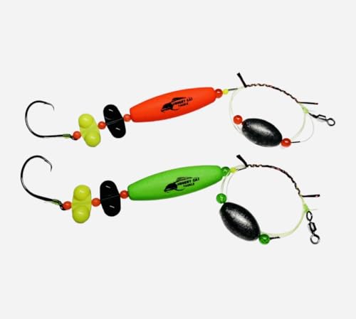 Hungry-Cat Tackle Premium Catfish Ready Rig, 2-Pack, Bright Green/Red, with 3 oz Egg Sinker Weights.