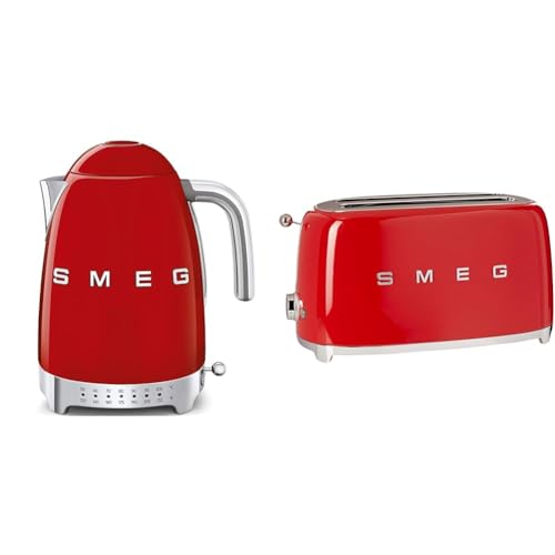 Smeg Red 50's Retro Variable Temp Kettle, 4 Slice Toaster, Steel Ball Lever Knob, Slice Pop-up
