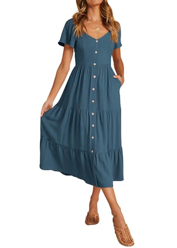 KIRUNDO Women's Summer Midi Dress Comfy Linen Button V Neck Ruffle Short Sleeve Swing A Line Midi Sundress Spring Fashion Casual Party Dresses(Blue, Small)