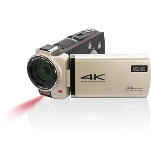 Minolta Camcorder – 4K Ultra HD, 30MP Photos, Night Vision with IR LEDs, 16X Zoom, Time Lapse, Anti-Shake, Touchscreen, MP4 Format, CMOS Sensor, HDMI USB Output, SD Slot (Champagne)