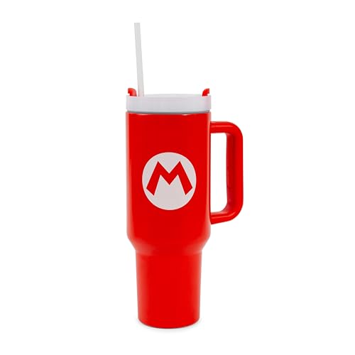 Pyramid America Super Mario Bros. Mario Icon Metal Travel Tumbler With Leak-Resistant Lid and Reusable Straw | Holds 40 Ounces