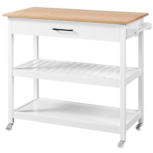 Yaheetech 40" Width Kitchen Island Cart on Wheels, 3 Tiers Rolling Utility Cart with Solid Wood Top and Drawer & 2 Spacious Storage Shelf, Serving Trolley for Dining Room, White