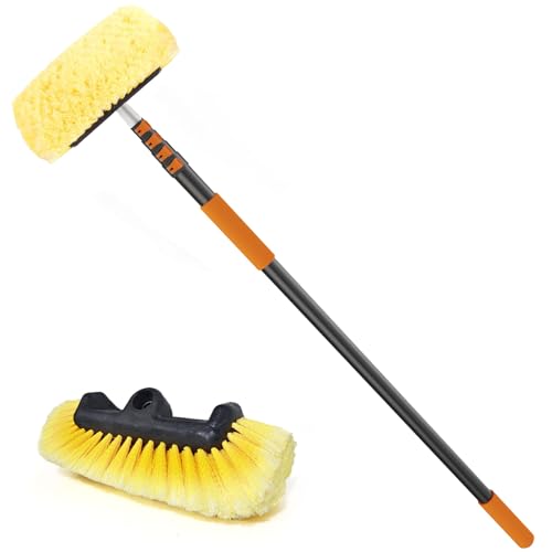 SISUPASSIE Car Wash Brush, 24FT Reach Telescopic Car Wash Brush with Long Handle, 12-Inch Soft Bristle Car Cleaning Brush for Cleaning Car, RV, Truck, Boat, Solar Panels