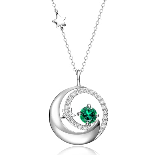 FANCIME Moon Star Necklace, Emerald May Birthstone Necklace for Women 925 Sterling Silver Pendant Green Fine Jewelry Anniversary Birthday Gifts for Mom Daughter, Adjustable Chain 16"+2"
