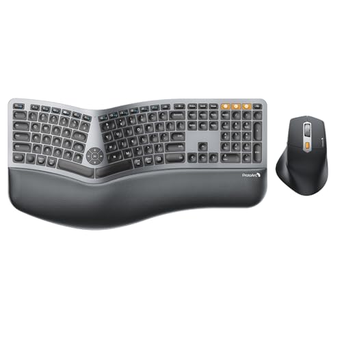ProtoArc Ergonomic Keyboard Mouse, Full Size Wireless Bluetooth Ergo Keyboard Mouse Combo, Cushioned Palm Rest, Split Design, Rechargeable, Compatible for Windows, Mac OS - Gray and Black