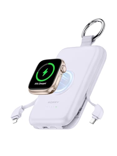 RORRY Portable Charger, 10000mAh PD 20W Fast Charging Portable Charger Power Bank with Built in Cables, Travel Battery Pack for iPhone 16/15/14/13/12/11 and Apple Watch Ultra/10/9/8/7/6/5/4/3, Purple