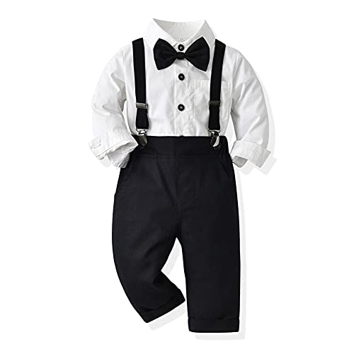 Autumn Baby Boys Clothes Sets Toddler Boy Outfits Gentleman Suits 3pcs Striped Bow Tie Shirts and Suspenders Pants Casual Birthday Formal Wedding Party Dress Suits Black + White 18-24 Months
