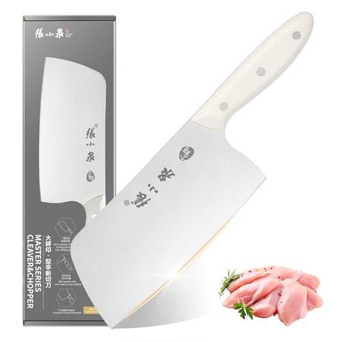 ZHANG XIAO QUAN SINCE 1628 Chinese Meat Cleaver 7.3”, Heavy Duty Chopper Knife 40Cr13 Stainless Steel for Meat Vegetable Chef Knife White
