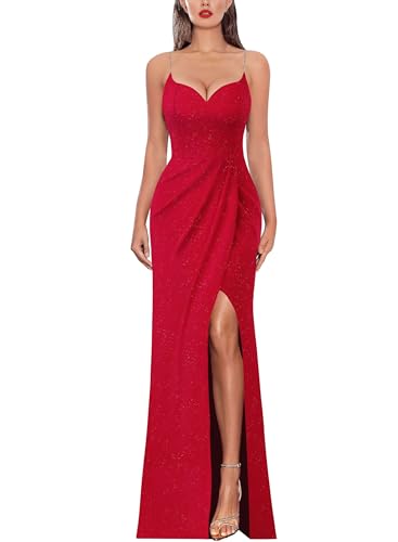 VFSHOW Womens 2024 Sexy Formal Prom Ruched Hight Slit Bead Spaghetti Strap Sweetheart Neck Evening Gown Glitter Silm Fit Bodycon Maxi Dress (Red, Small) 11181 RED S