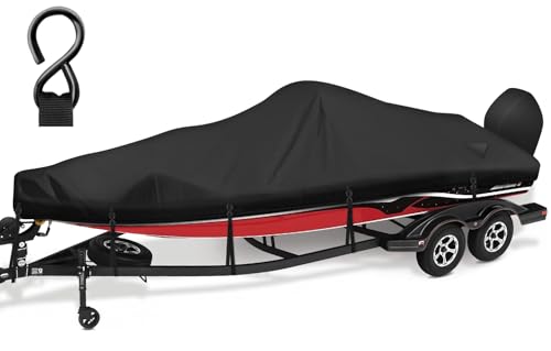 Boatpro 1200D Heavy Duty Waterproof Boat Covers 16-18.5ft with Motor Cover,Bass Boat Cover with Windproof Metal Buckle,Fits Bass Boat,Tri-Hull,Runabout Boat,Black