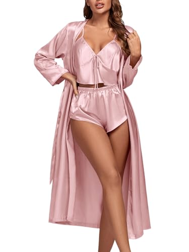 OPOIPIN Women's 3 Piece Pajamas Satin Cami Top and Shorts with Robe Sleepwear Pj Set Pink Small