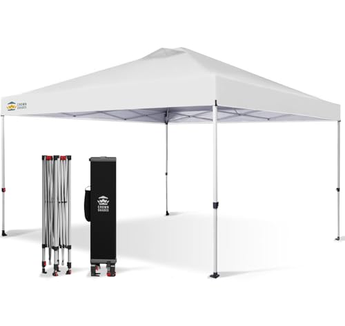 CROWN SHADES 12x12 Pop Up Canopy Outside Canopy, Patented One Push Tent Canopy with Wheeled Carry Bag, Bonus 8 Stakes and 4 Ropes, White