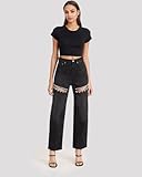 LaurelTree Women's Baggy High Waist Jeans with Rhinestone Studded Cut Outs Ripped Bedazzled Denim Fashion Y2K Wide Leg Pants (Black Rhinestone,Medium,Medium)