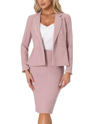 Allegra K Women's Business Suit 2 Pieces Tweed Trim Blazer Jacket and Skirt Set Medium Pink