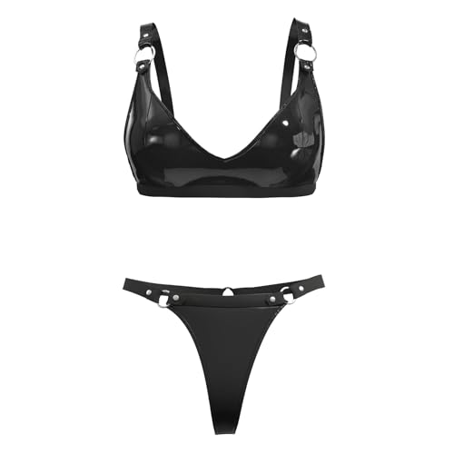 xokesy Women Sexy Leather Lingerie Set, High-Elastic Shorts, Glossy, Shiny Shaping Latex Bra Adjustable, Black