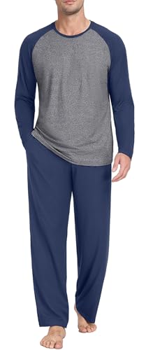 PrinStory Men's Pajama Set Sleepwear Pjs Lightweight Long Sleeve Crewneck Shirts and Bottoms Soft Comfy Sleep Sets Navy Blue US 2XL