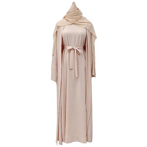 3PCS Women's Muslim Dresses Abaya Islamic Dubai Prayer Dress Robe Long Cardigan Maxi Dress Beige