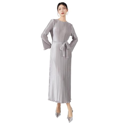 NOVA Vogue New Advanced Elegant European and American Metallic French lace Miyake Style Wooden Ear Edge Pleated Long Dress (Grey)