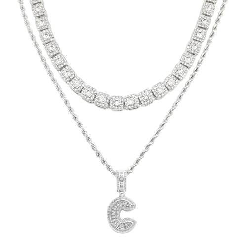 HH BLING EMPIRE Silver Iced Out Cubic Zirconia Diamond Initial Letter Pendant Chain Necklaces, Iinitial C Pendant Rope and Baguette Tennis Chains | 2 Pcs Necklace Sets (Letter C)