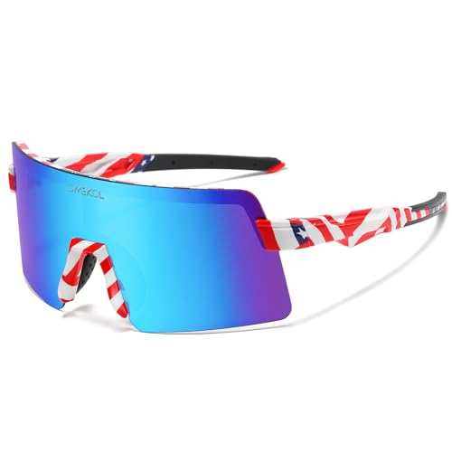 OMEKOL Polarized Sports Sunglasses Cycling Glasses UV400 Mountain Bike Goggles MTB Riding Bicycle Eyewear Men Women Baseball Running Fishing Golf Outdoor - USA Flag Frame/Blue Lens