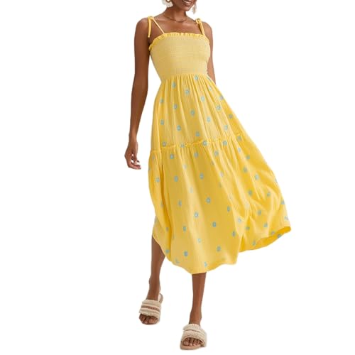 GRMLRPT Women Floral Embroidered Maxi Dress Boho Sleeveless Tie Strap Shoulder Dresses Smocked Summer Sundress with Pockets,Yellow