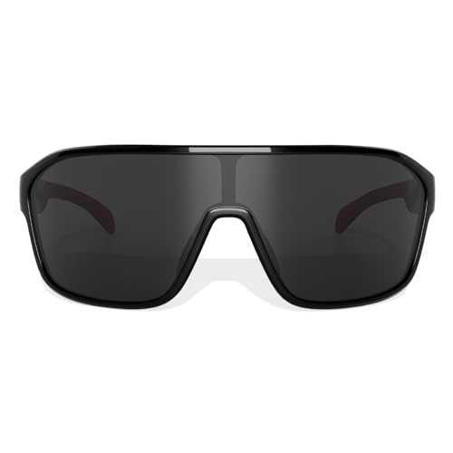 B.N.U.S Sports Shield Sunglasses for mens womens Cycling shades UV Protection (Polished Black/Black Polarized, PC Lenses)