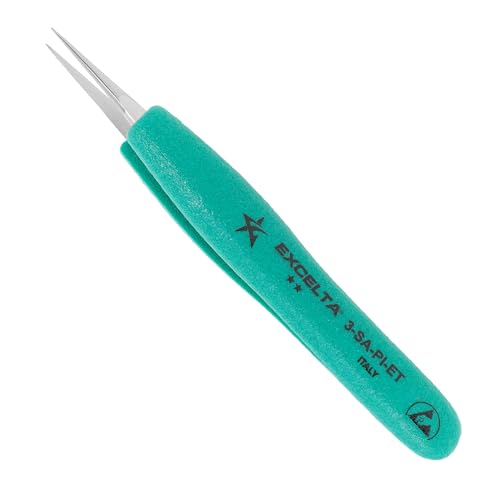 Excelta Ergo-Tweeze 3-SA-PI-ET Precision Tweezers, Straight Very Fine Tip, ESD Safe TealShield Grips, Anti-Magnetic 316L Neverust Stainless Steel, 5.25" OAL for Electronics, Lab, Cleanroom, Forensics