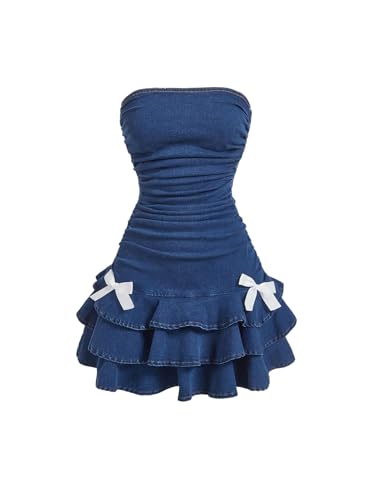 WDIRARA Women's Strapless Denim Mini Dress Bandeau Layered Ruffle A Line Bow Dresses