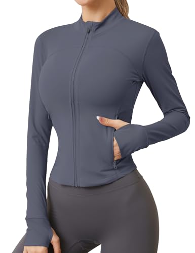 AKEWEI Athletic Zip Up Jacket Womens Running Jacket Navy Blue Long Sleeve Slim Fit Track Jacket High Neck Cropped Activewear Dark Grey L