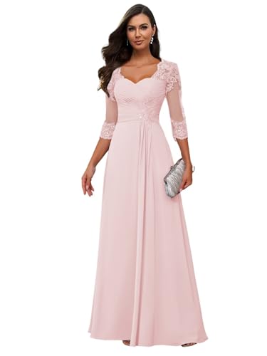 Loyeloy Lace Mother of The Bride Dress with Sleeves 2025 Pleated Pink Sweetheart Ruffles Ruched Maxi Formal Evening Gown 12
