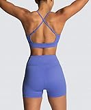 IWEMEK Workout Sets for Women 2 Piece Yoga Tracksuits Outfits High Waisted Running Biker Shorts with Adjustable Strap Sport Bra Exercise Running Gym Clothes Sets Blue Small