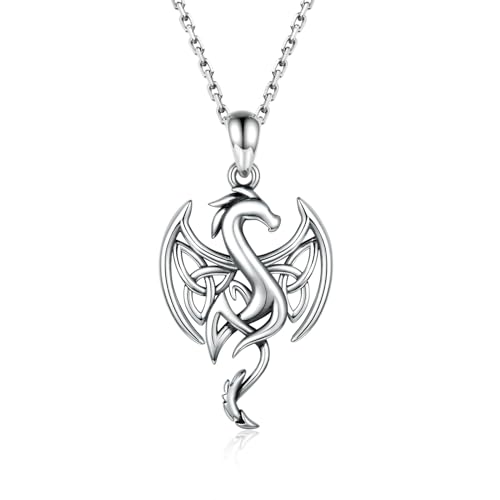 MANBU Sterling Silver Celtic Animal Necklace: Fox Bunny Rabbit Dragon Pendant Celtic Knot Necklace Jewelry Gift for Women (Dragon)