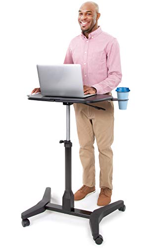 Stand Steady Cruizer Express Mobile Podium | Portable Laptop Stand with Pull Out Mouse Pad & Cup Holder | Pneumatic Sit to Stand Computer Cart with Locking Casters & Easy Cord Management (Black)