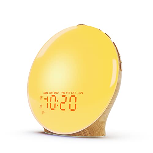 Wake Up Light Sunrise Alarm Clock for Kids, Heavy Sleepers, Bedroom, Full Screen with Sunrise Simulation, Dual Alarm, FM Radio, 15 Nightlights, 8 Sounds, Sleep Timer, Wood Grain