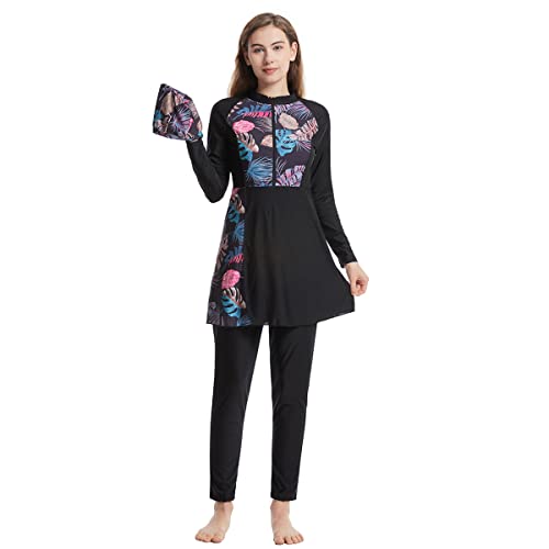 Burkini Swimsuits for Women Islamic Muslim Swimsuits Modest Swimsuits Full Body Swimwear Long Sleeve Rash Guard Swimming Tops Pants Hijab 3PCS Sun Protection Surfing Suit Swimming Costume Black M