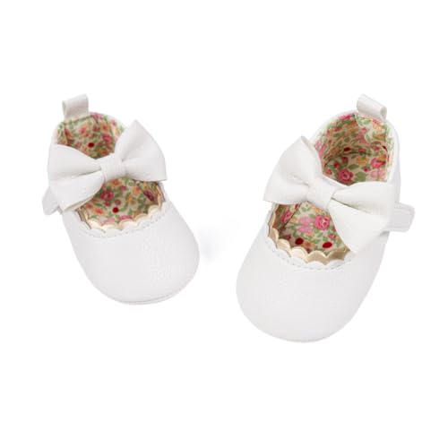 Meckior Newborn Baby Girls White Dress Shoes Infant Bowknot Soft Sole Mary Jane Moccasins Baptism Christening Crib Shoes Wedding Princess Flats 0-3 Months