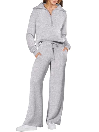 ANRABESS Women 2 Piece Outfits Sweatsuit Oversized Sweatshirt Sweatpants Tracksuit Sweat Lounge Matching Set 2025 Fall Trendy Light Grey Medium