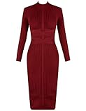 whoinshop Women's Cross Strap Ribbed Bandage Long Sleeve Midi Fall Winter Bodycon Party Dress Wine XL