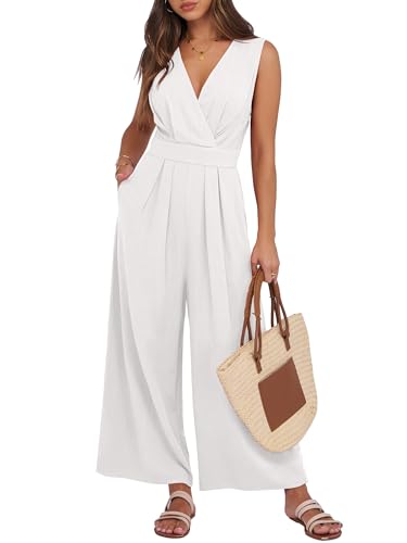 ANRABESS Women Jumpsuits Sleeveless V Neck Elegant Dressy Casual Backless One Piece Pants Romper 2025 Summer Outfits White Large