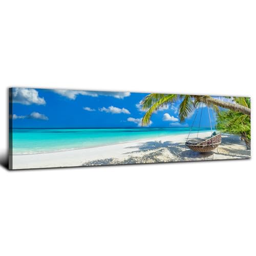 Large Coastal Wall Art Nature Beach Landscape Picture Wall Decor Living Room Bathroom Blue Sea Ocean Palm Tree Scenery Painting Canvas Prints Tropical Summer Seascape Poster Artwork Decorations 14x48"