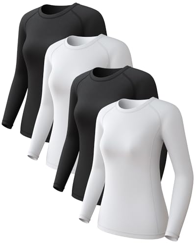 4 Pack Women's Long Sleeve Compression Shirts, Cool Dry Workout Athletic Undershirt Sun Protection Cooling Tops for Yoga Running Gym Black White Small